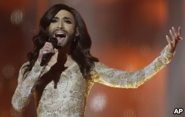 Singer Conchita Wurst from Austria performs the song "Rise Like a Phoenix" during a rehearsal for the Eurovision Song Contest in Copenhagen, Denmark, May 7, 2014.