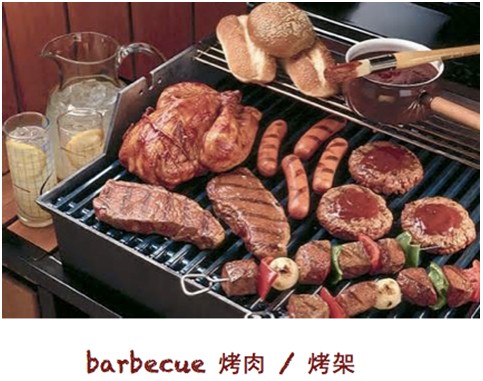 barbecue本来是指“户外烧烤用的烤架”，后来，开始表示“烧烤”。